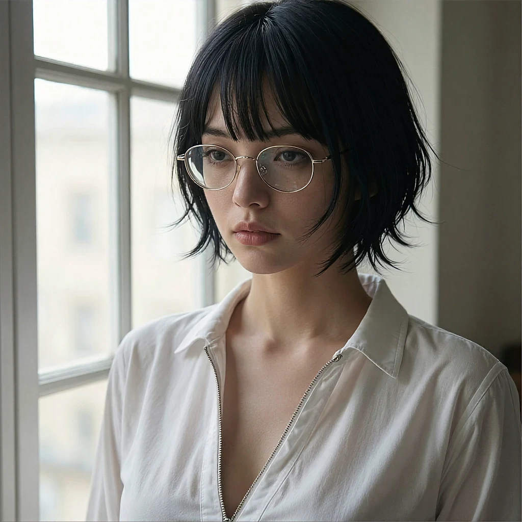 Woman with short black bob hair and bangs wearing gold-rimmed glasses and white button-up shirt by a window