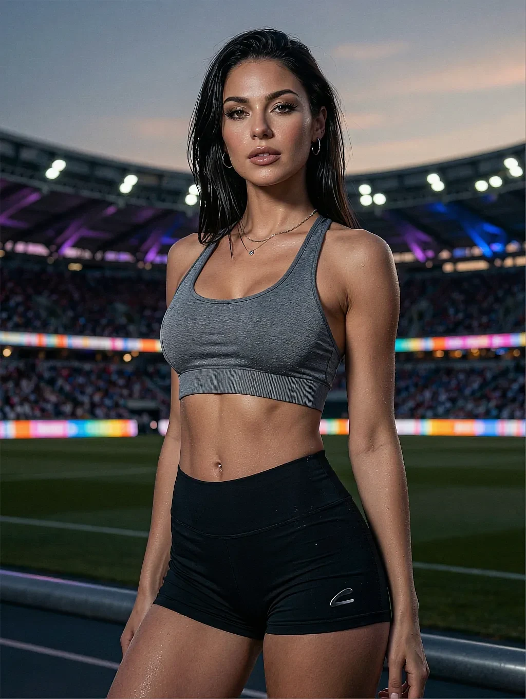 Dark-haired woman in grey sports bra and black bike shorts with pendant necklace at twilight stadium with purple lighting