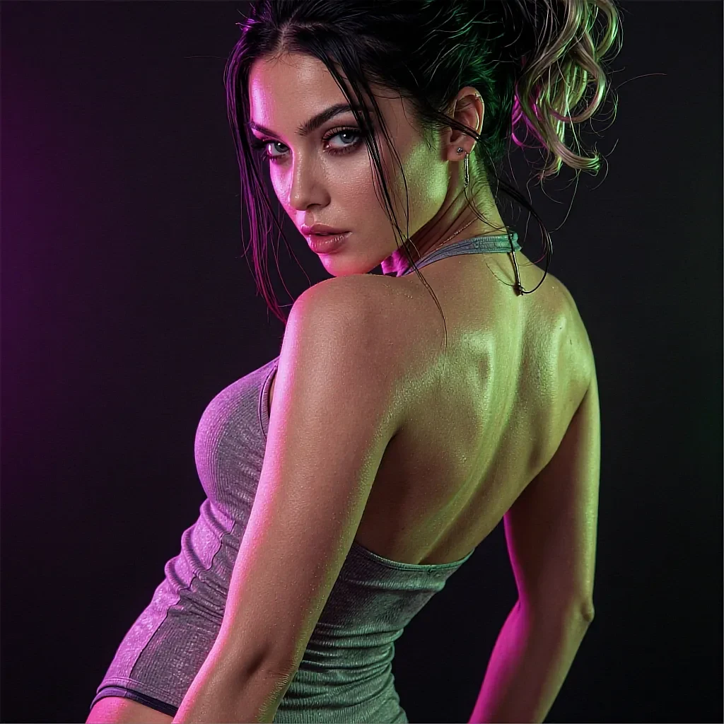 Woman with dark hair in messy updo looking over shoulder wearing grey halter tank with pink and green neon studio lighting